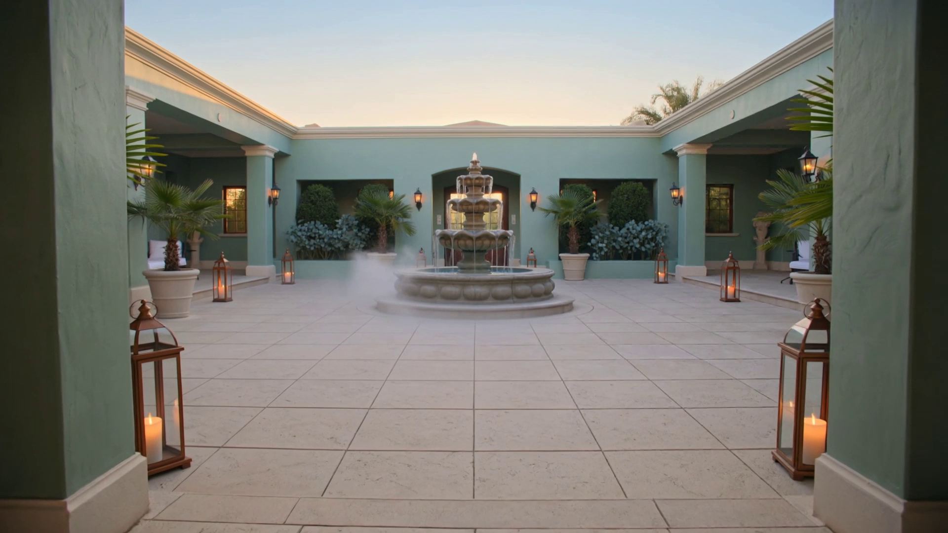 A courtyard fountain at dusk, lit by lanterns