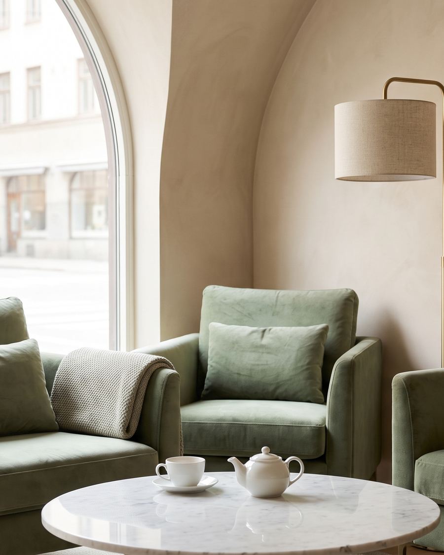 The lounge: armchairs, tea and a large arched window