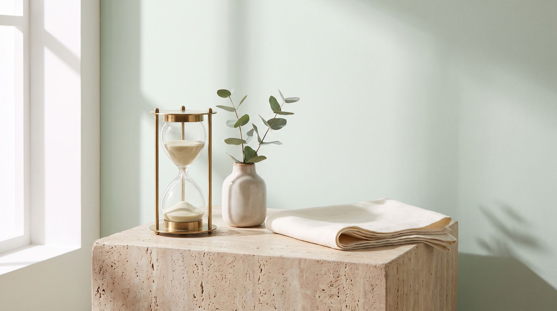 An hourglass, eucalyptus and a folded towel on a stone table